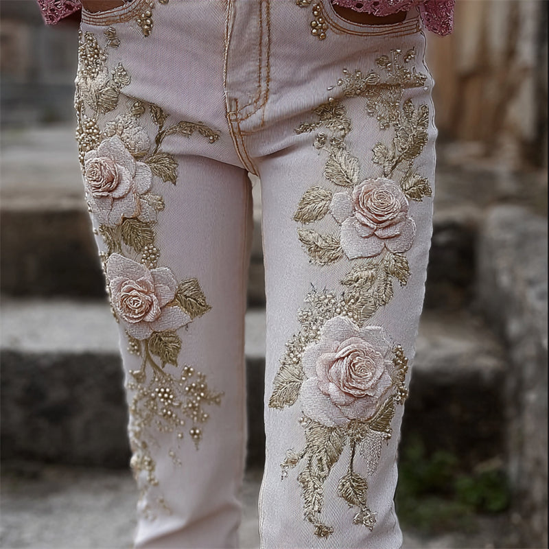 Classy Pink Roses Glitter Embroidered Skinny Jeans