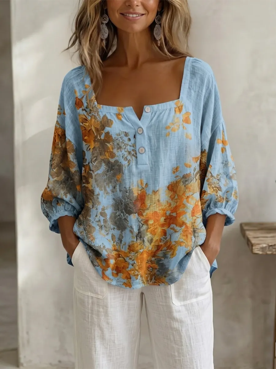 Retro Floral Print Square-neck Cotton-linen Blouse
