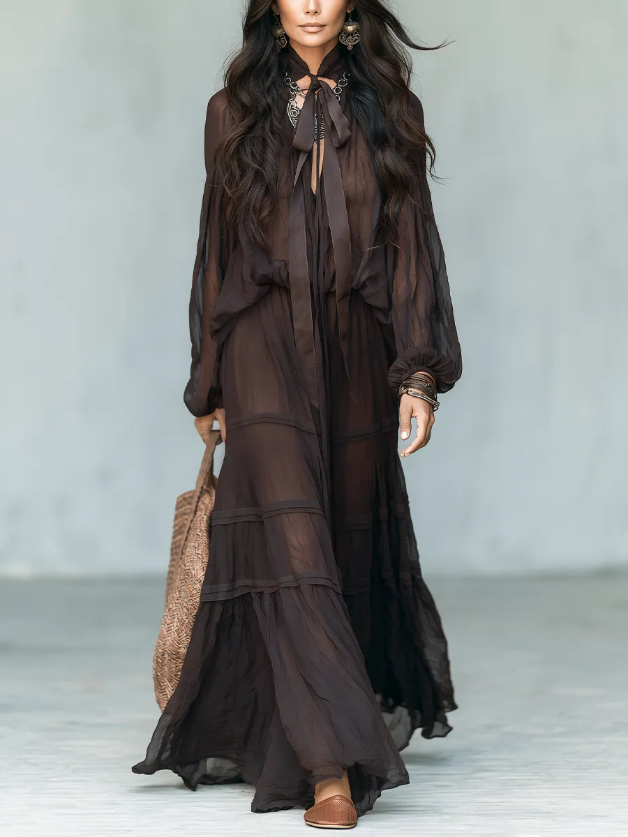 Elegant Espresso Sheer Tie-Neck Maxi Dress