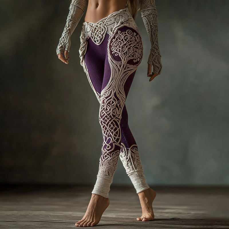 Vintage Viking Tree Of Life Celtic Knot Contrasting Colors Art Knit Cozy Leggings