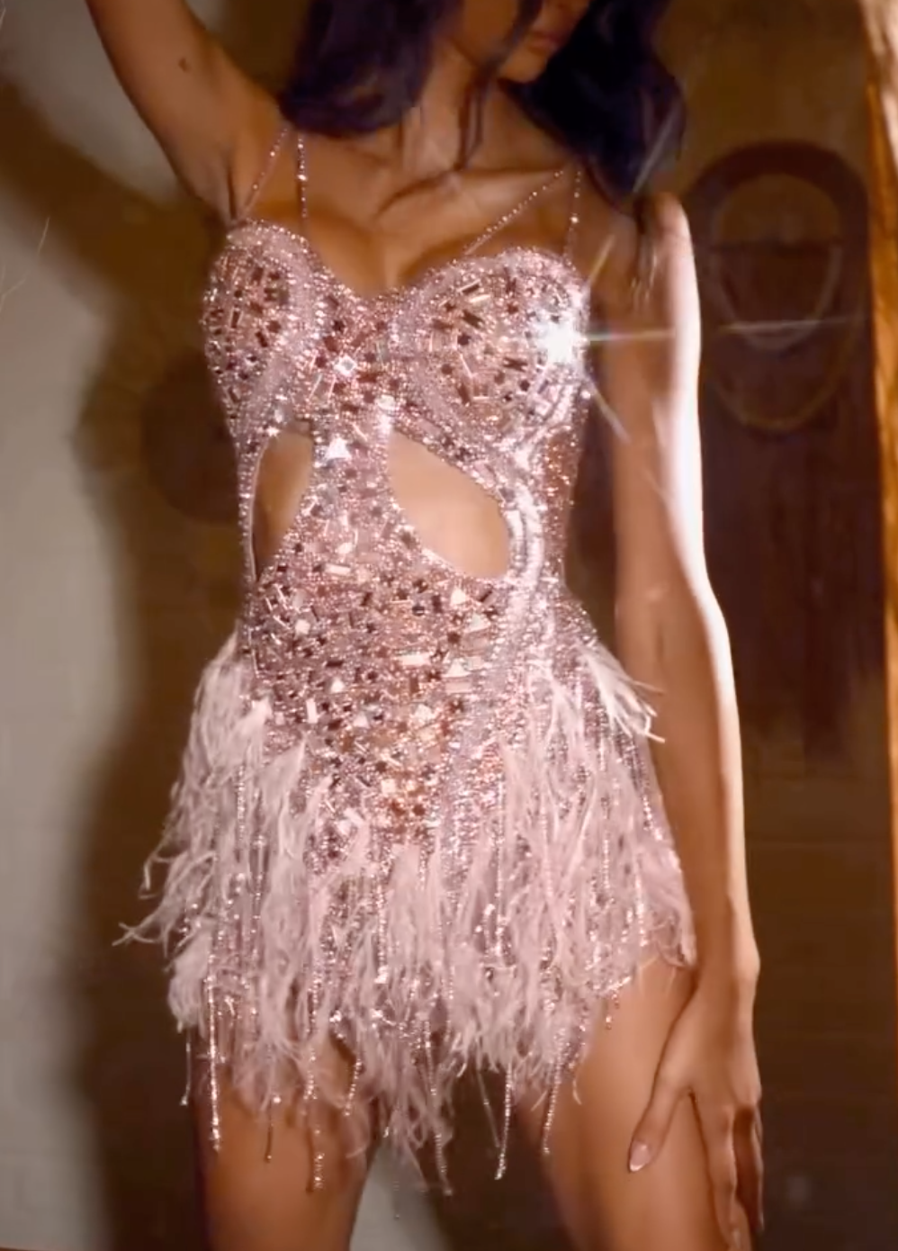 Blush Spaghetti Strap Cutout Beaded Feather Mini Dress with Crystal Embellishments