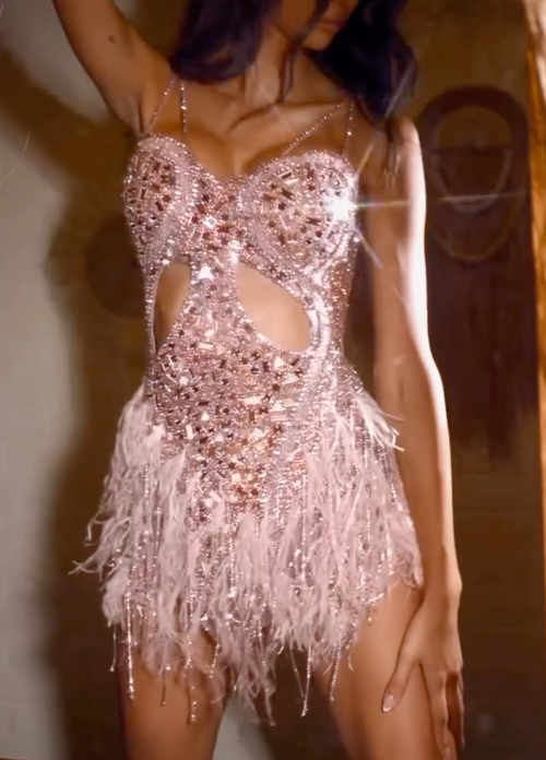 Blush Spaghetti Strap Cutout Beaded Feather Mini Dress with Crystal Embellishments