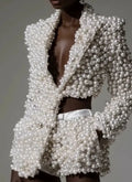 White Pearl Embellished Cropped Blazer and Shorts Set
