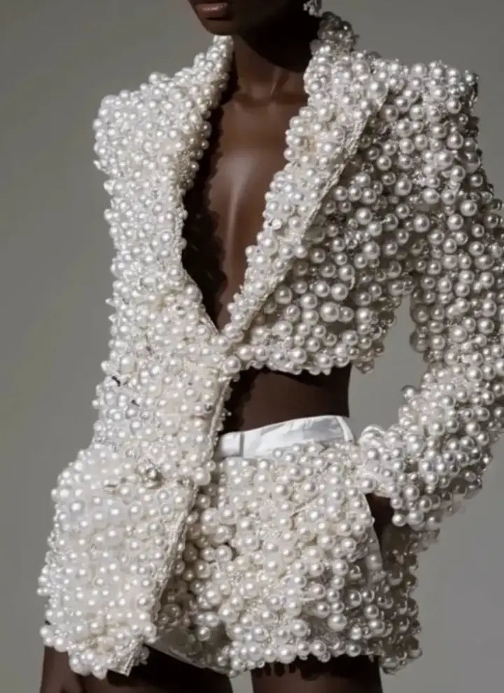 White Pearl Embellished Cropped Blazer and Shorts Set