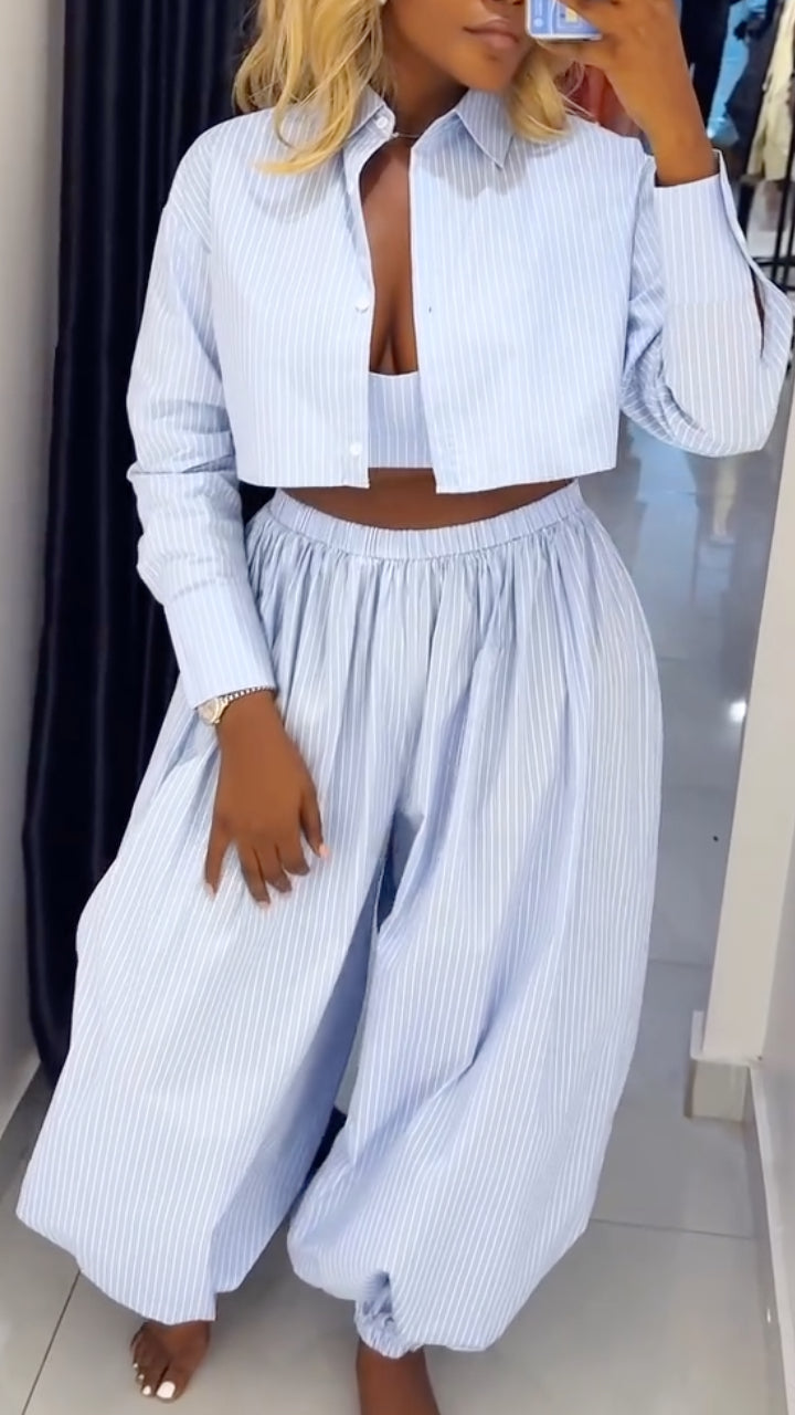 Striped Cropped Shirt & Balloon Pants Set