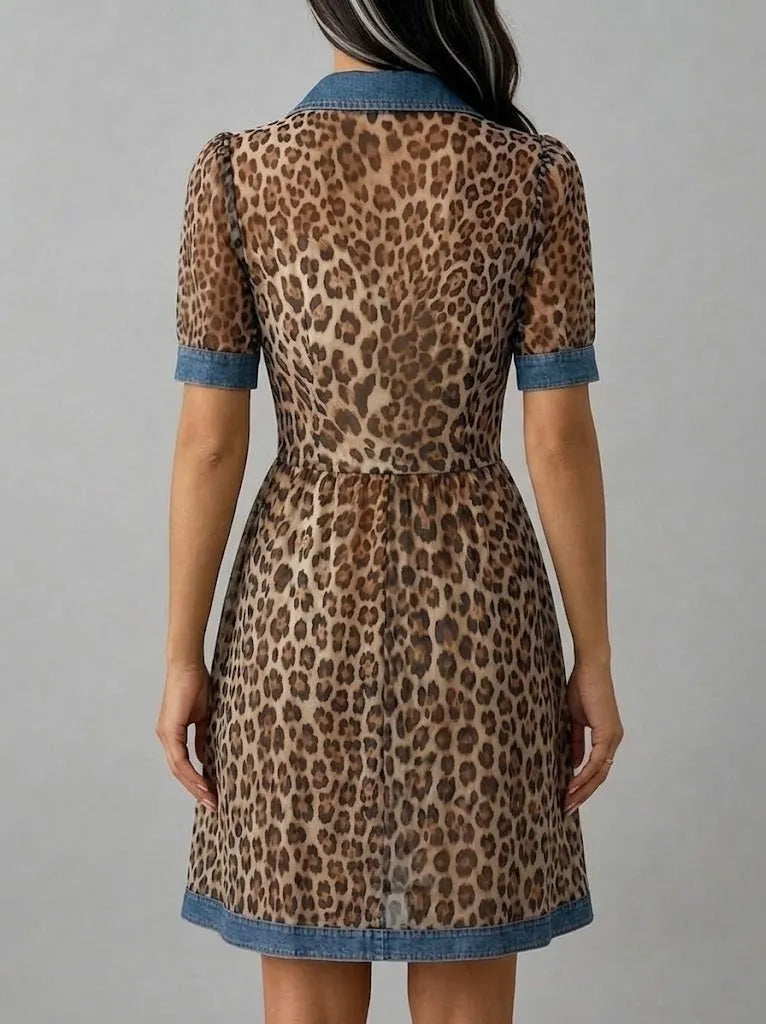 Stylish Casual Leopard-print Chiffon And Denim Patchwork Dress