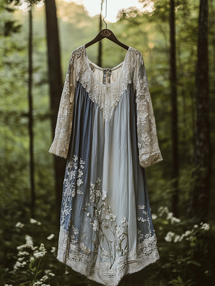 Floral Embroidered Pattern Linen Contrast Color Maxi Dress