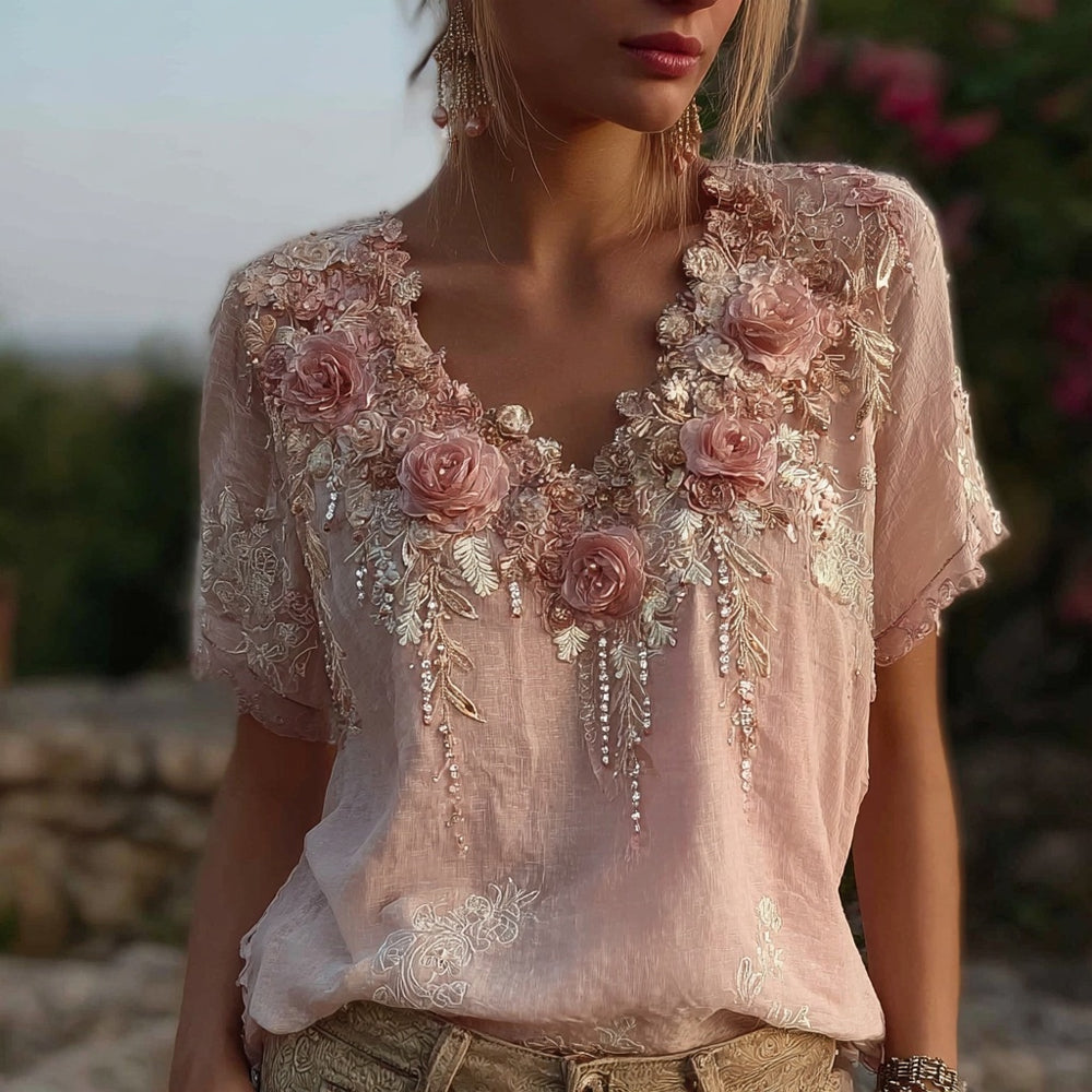Vintage Boho Glitter Roses Embroidered V Neck Linen Shirt