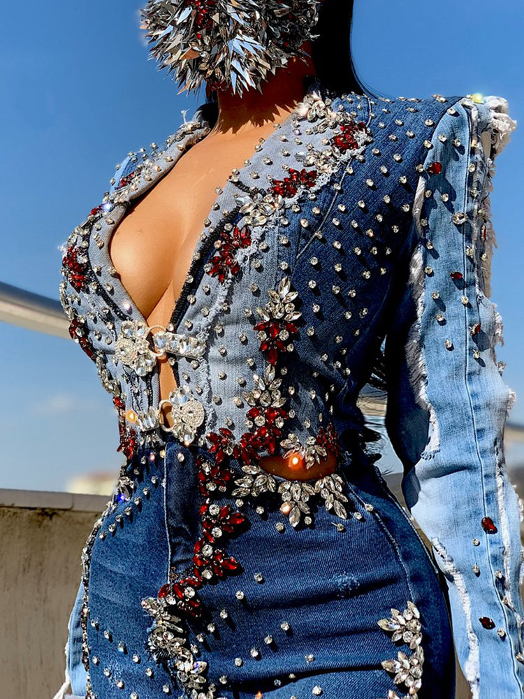 Stylish Deep V-Neck Rivet Hollow Beaded Denim Mermaid Maxi Dress