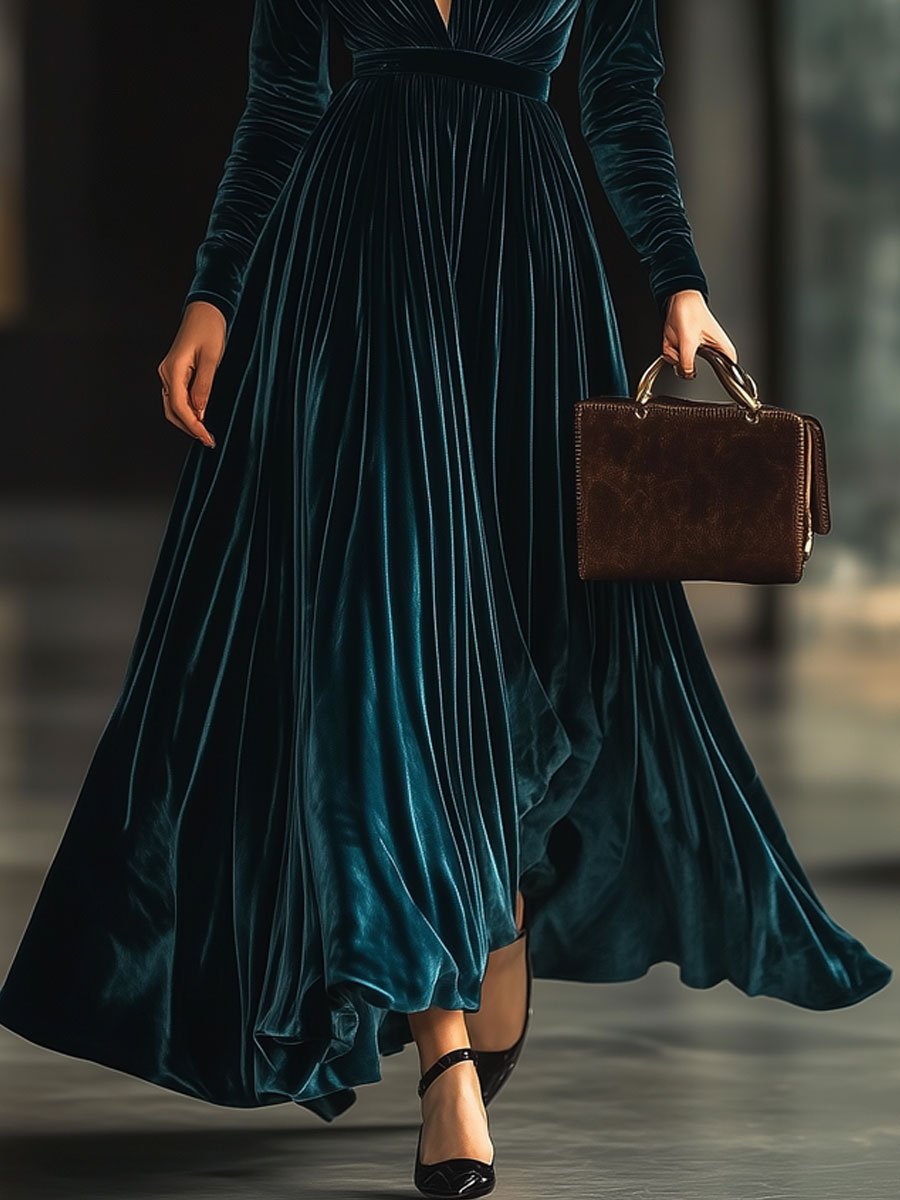 [24-hour shipping out]V-Neck Fashion Party Solid Color Velvet Long-Sleeved Maxi Dress