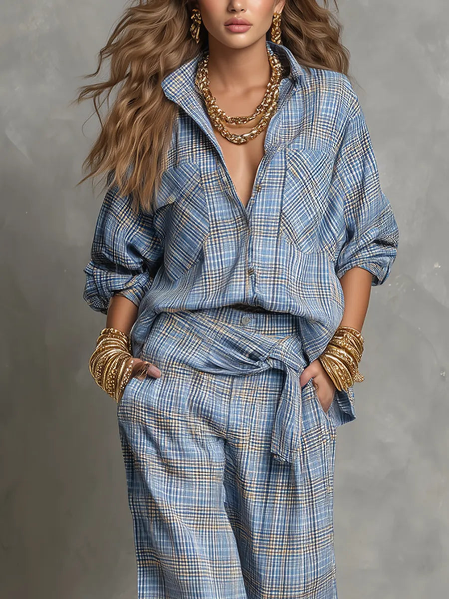 Relaxed Blue Plaid Shirt Wide Leg Pants Set