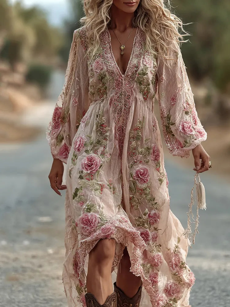 Women's Vintage Rose Embroidery Art Comfy Linen Maxi Dress