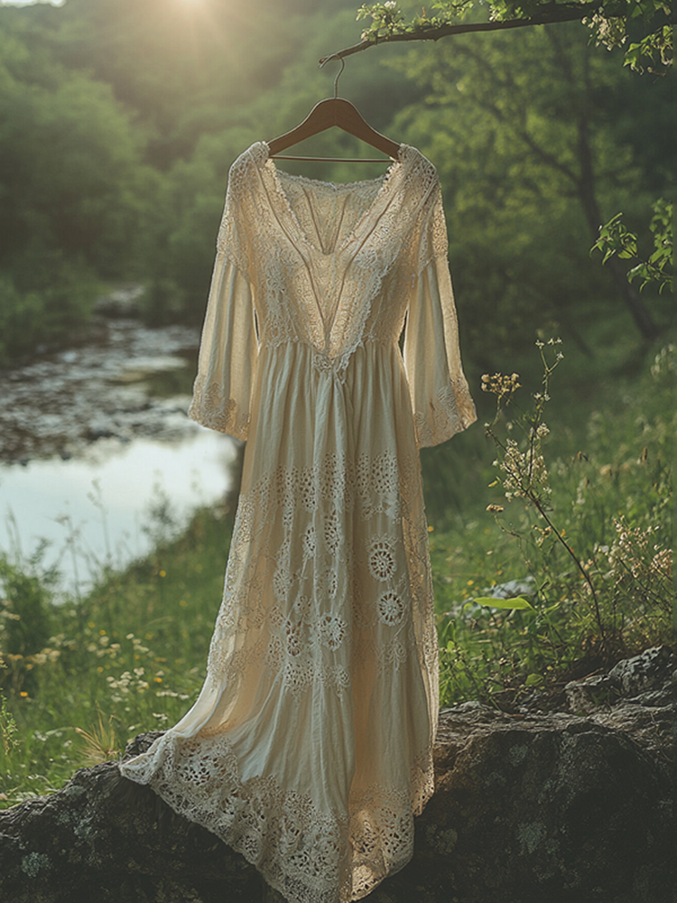 Vintage  Lace Art Linen Maxi Dress