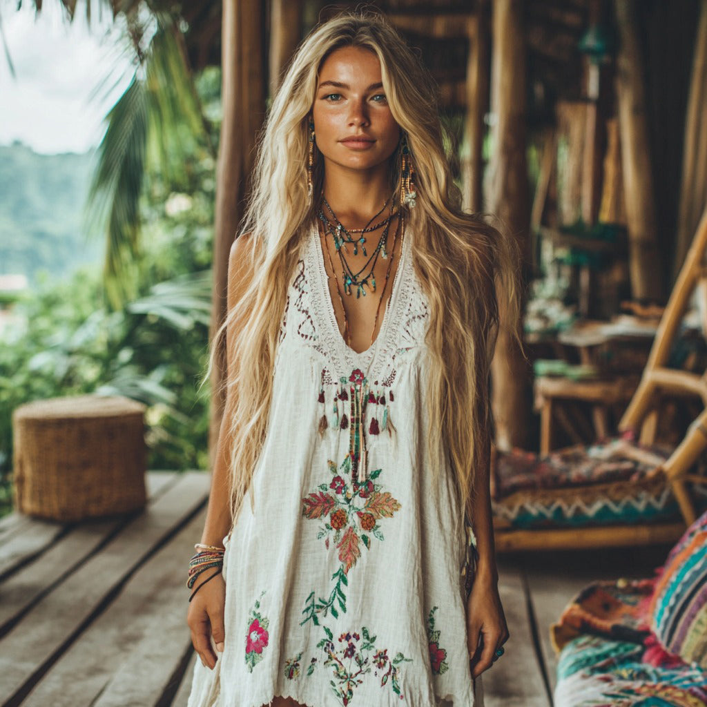 Boho Floral Embroidery Tassel Art Sleeveless Cozy Linen Madi Dress