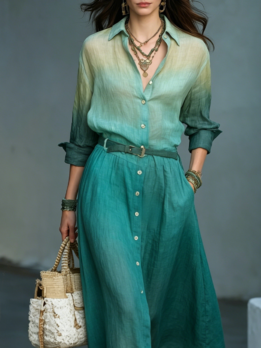 Bohemian Teal Ombre  Shirt Midi Dress