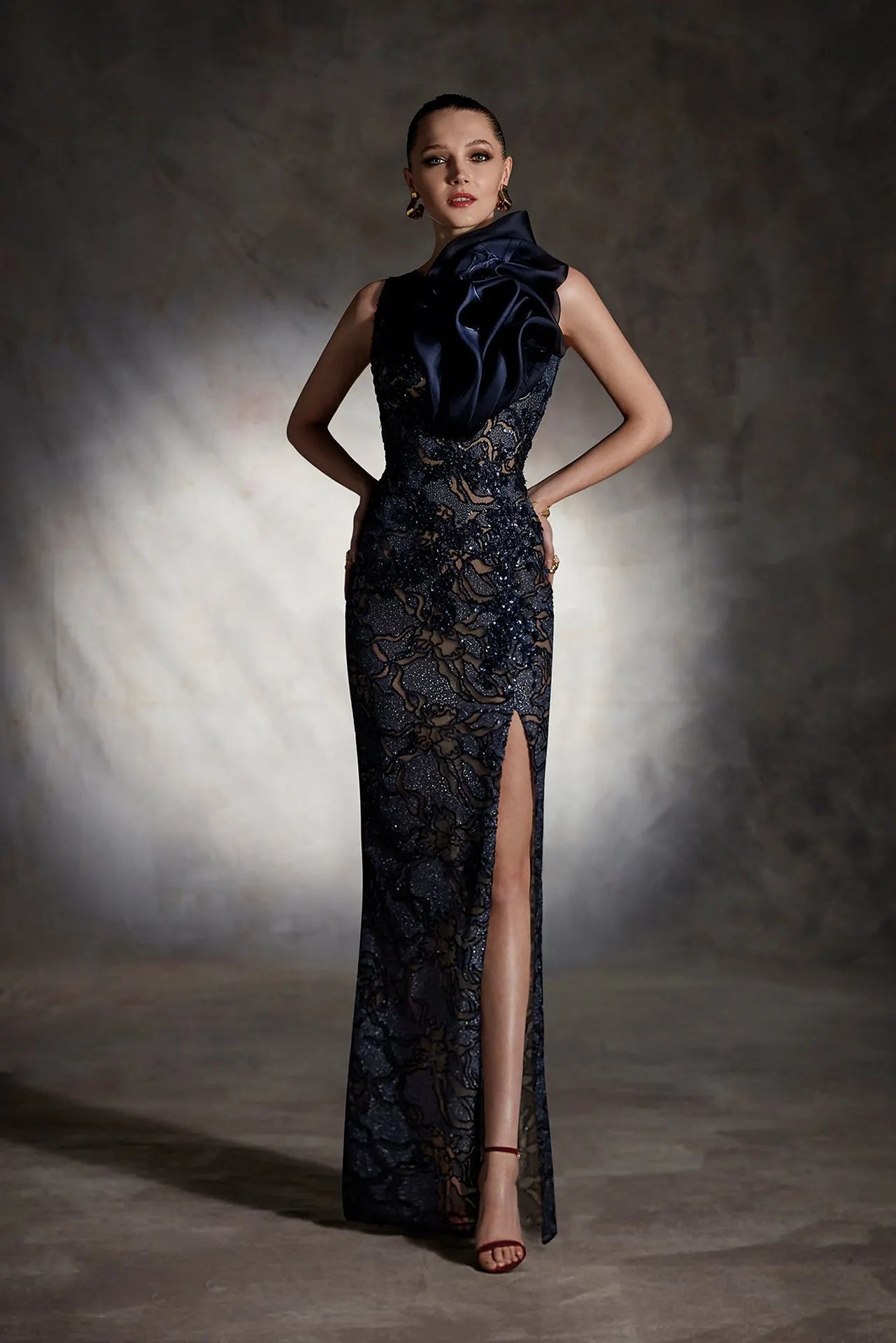 Lace dress paired with detachable overskirt