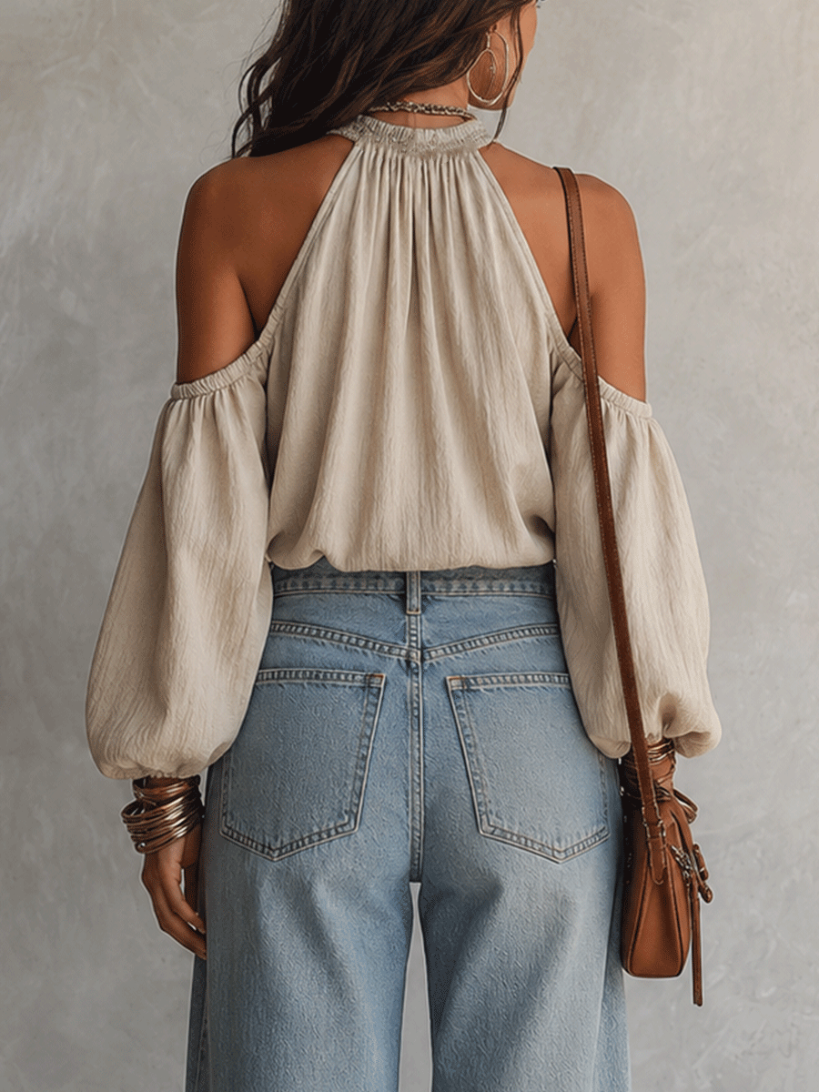 Bohemian Cold-Shoulder Resort Linen Blouse
