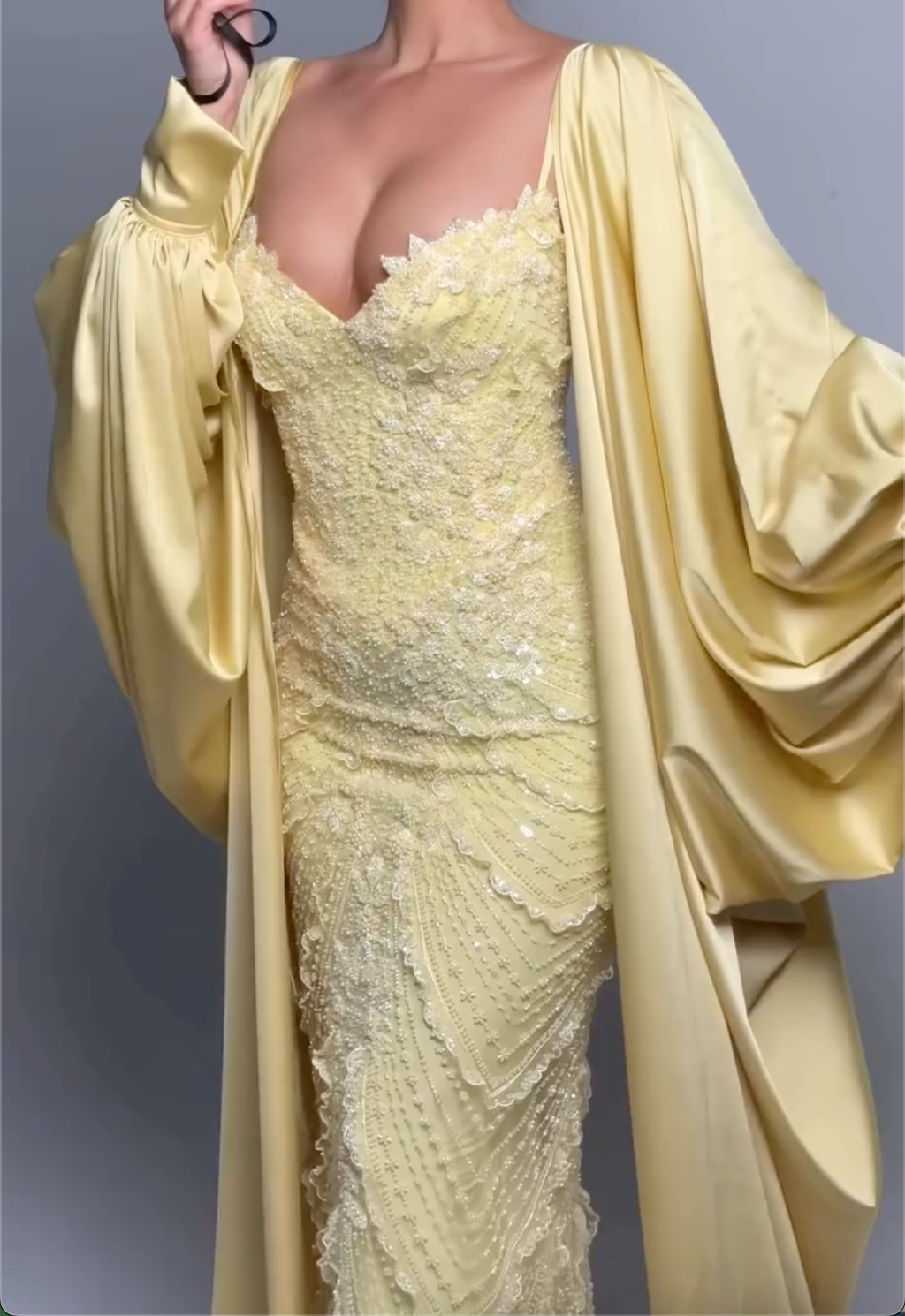 Pale Yellow Spaghetti Strap Beaded Lace Mermaid Maxi Gown