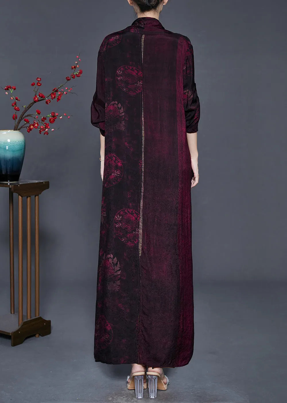French Black Red Asymmetrical Print Silk Long Dresses Spring
