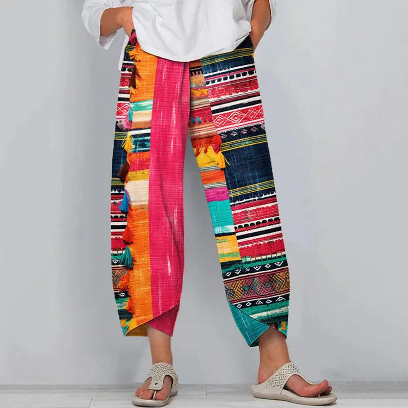 Colorful Geometric Pattern Tassel Linen Blend Pants