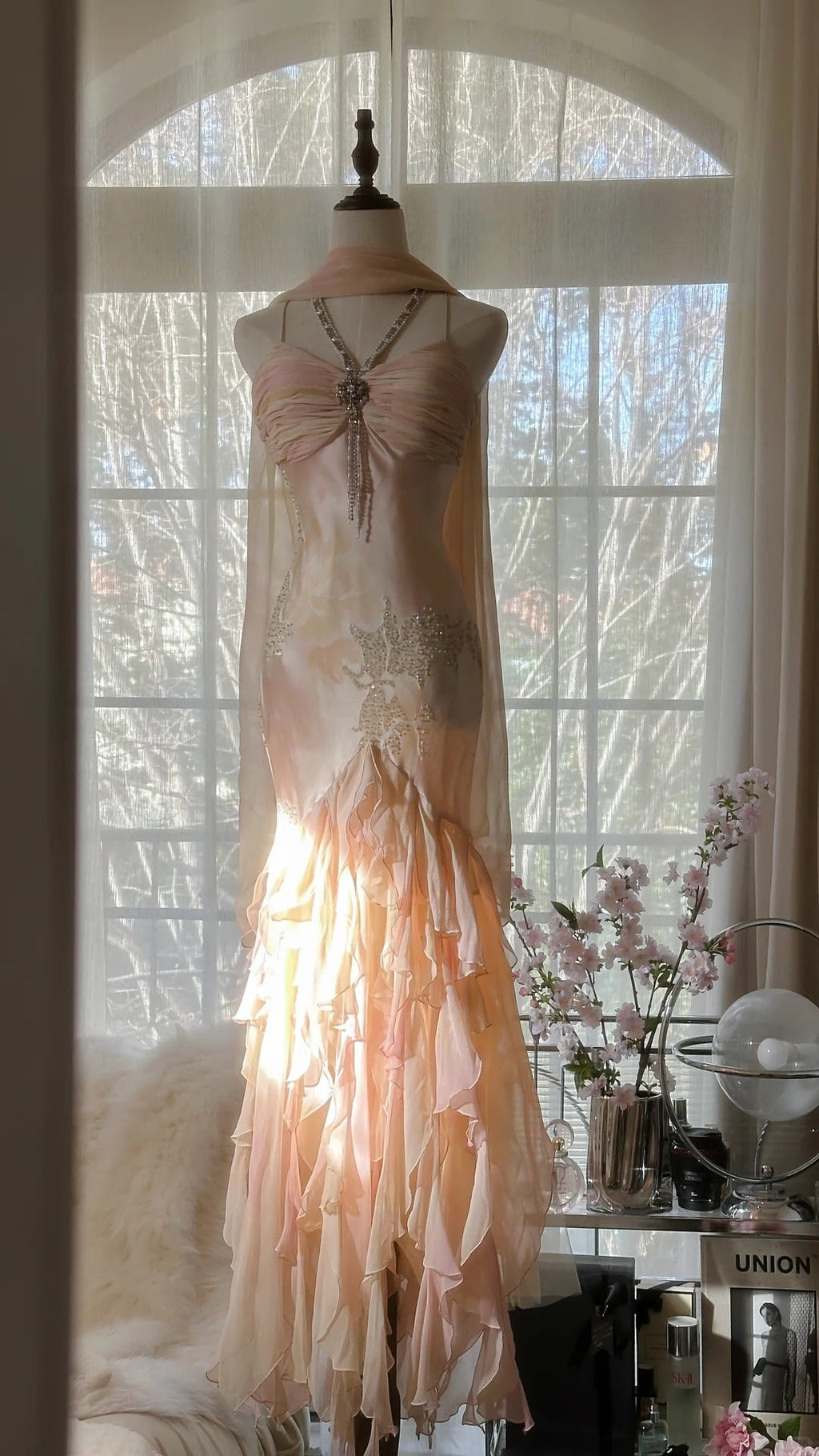 Lit Pink Gorgeous Exquisite Beading Spaetti Strap Long Chiffon Satin Ball Gown Evening Dress Birthday/Holiday Party Dress Prom Dress 4064