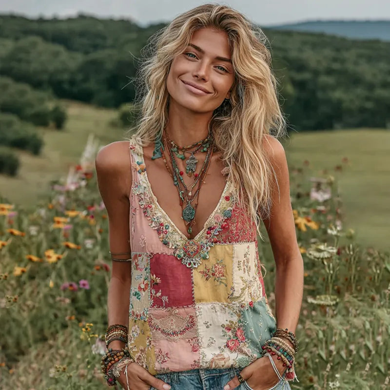 Vintage Floral Patch Art Linen Tank Top