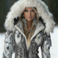 Vintage Western Wolf Turquoise Beaded Tassels Fur Trim Hooded Cardigan