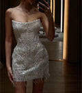 Strapless Beaded Fringe Mini Dress Geometric Sequins Bodycon Party Club Cocktail Dress