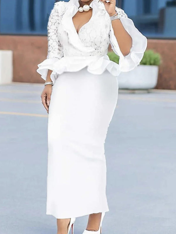 Elegant V-Neck Half Sleeve Empire Lace Falbala Wrap Plain Maxi Dress