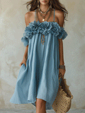 Romantic Coastal Linen Ruffle-Flower Halter Sky Blue Flowy Midi Dress