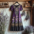 Bohemian Lavender Embroidery Patchwork Art Linen Round Neck Midi Dress