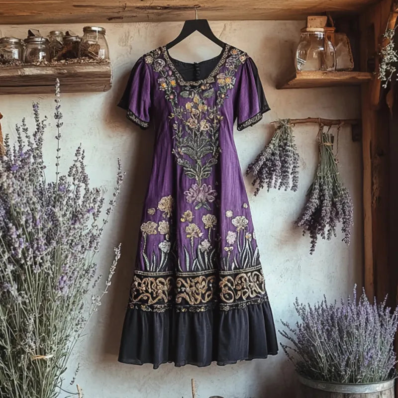 Bohemian Lavender Embroidery Patchwork Art Linen Round Neck Midi Dress