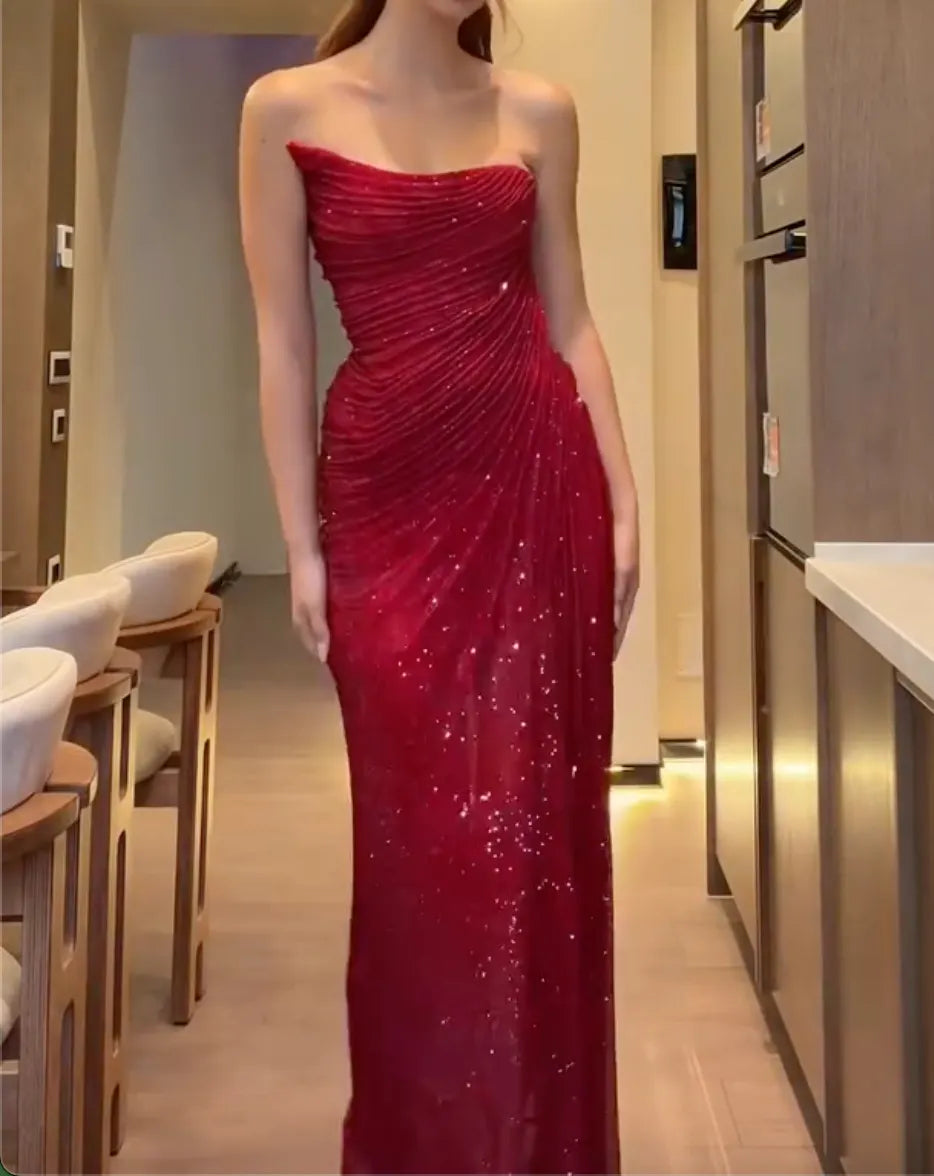 Wine Red Strapless Diagonal Ruched Sparkle Mesh Mermaid Evening Maxi Dress For Wedding Guest Prom Gala Birthday Party