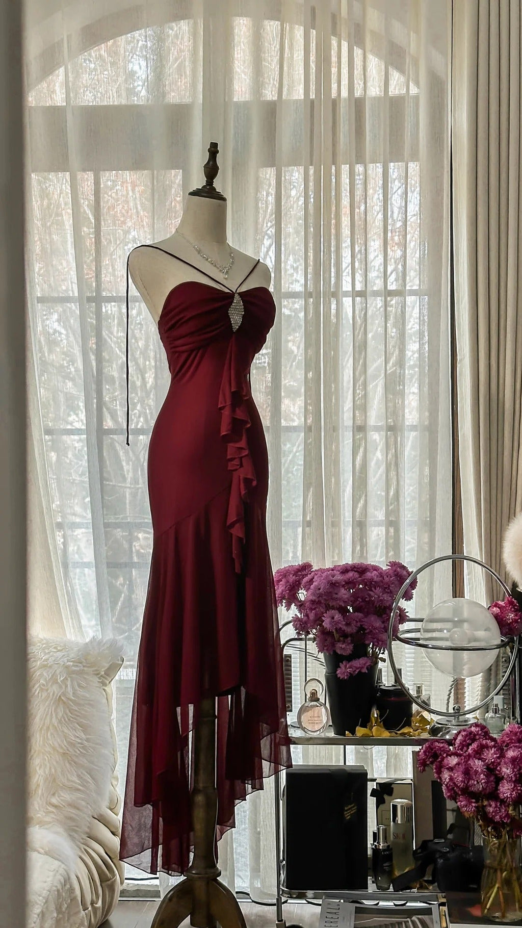 Burgundy Vintage Evening Dresses, Sleeveless Long Party Gowns  25510