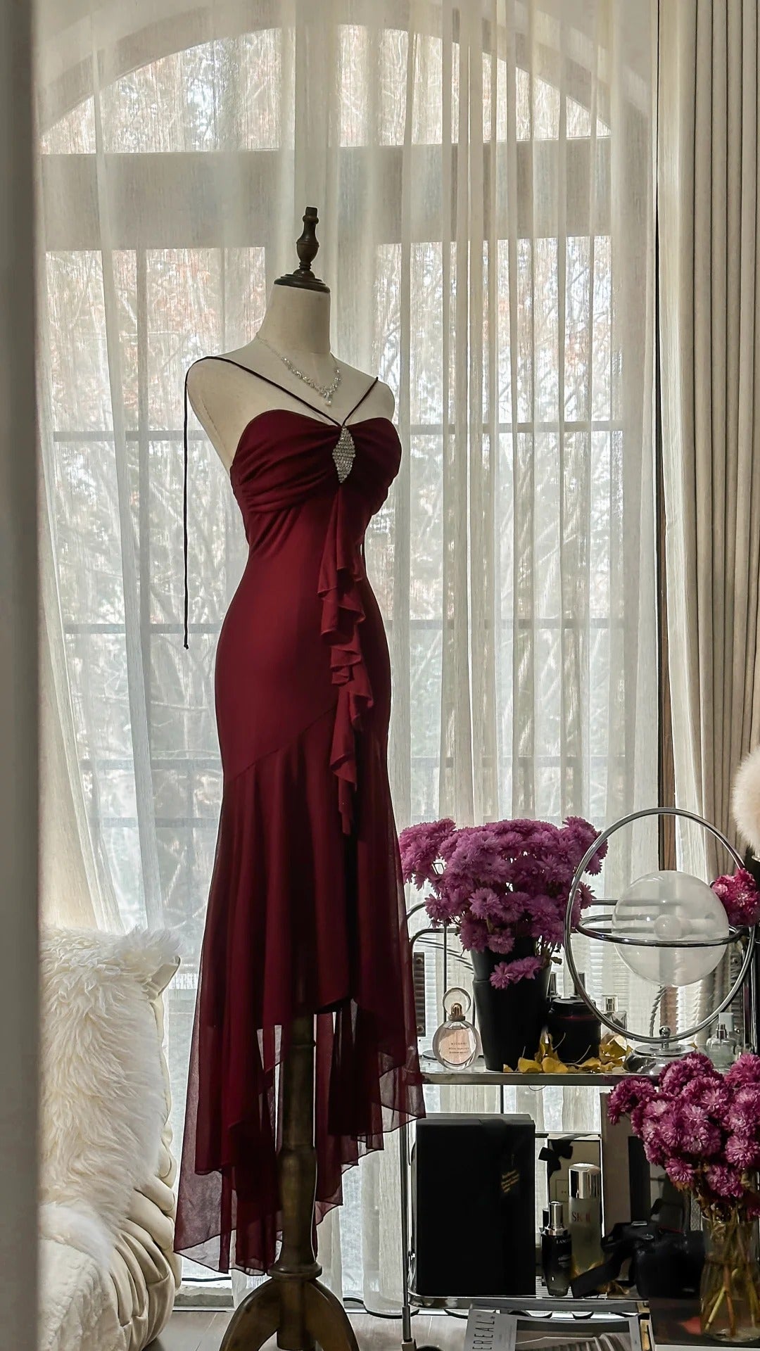 Burgundy Vintage Evening Dresses, Sleeveless Long Party Gowns  25510
