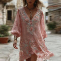 Women's Rose Floral Embroidered Casual V-neck Dress