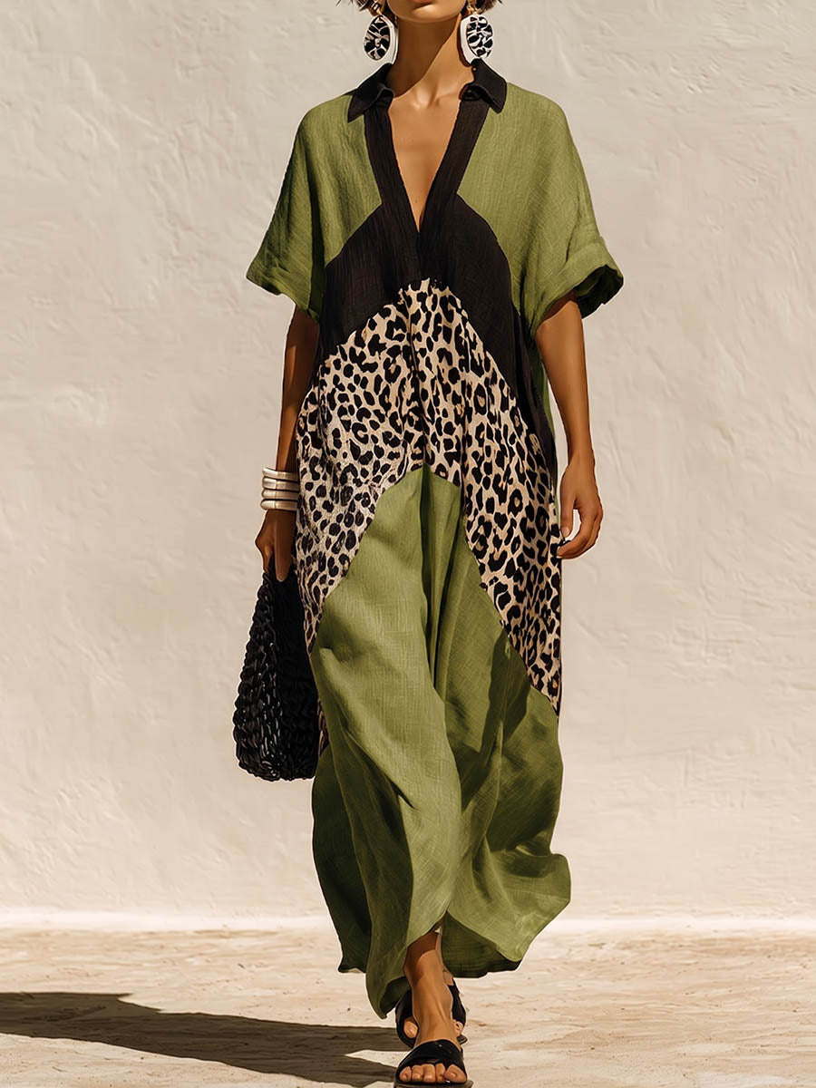 Women's Casual Loose Cotton-linen Dress With V-neck Short Sleeves And Placement Print