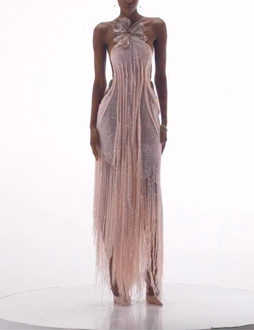 Blush Pink Halter Open Back Fringe Maxi Evening Dress - 3D Floral Beaded Mesh Formal Gown