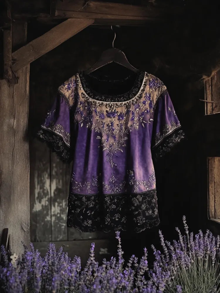 Bohemian Lavender Embroidery Gradient Patchwork Art Linen Short Sleeve T-shirt