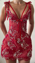 Deep V Tie Strap Floral Rhinestone Lace Mini Evening Dress, Red Corset Sheer Bodycon Cocktail Party Gown