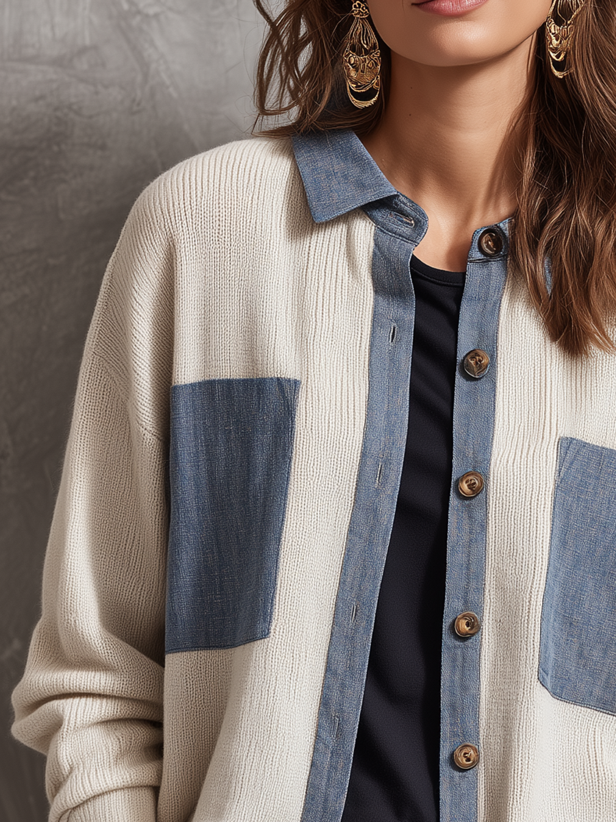 Classic Ivory Colorblock Knit Cardigan