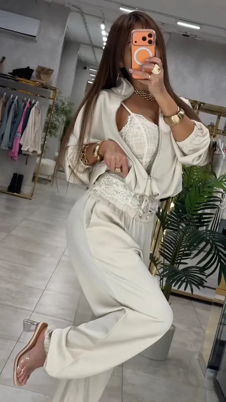 Beige Satin Zip Up Hoodie and JoggersLeg Pants 2 Piece Set