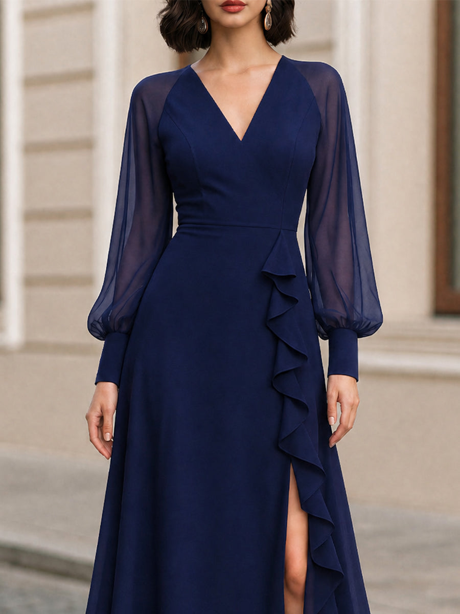 V-Neck Sheer Puff Long Sleeve Ruffle Slit Navy Chiffon Midi Dress