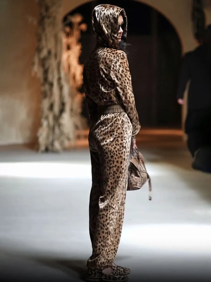[24-hour shipping out]Casual Loose Vintage Velvet Leopard Print Zipper Hooded Jumpsuit