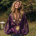 Bohème Moon And Stars Golden Print V-neck Long Sleeve Top
