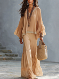 Vacation-Style Nude Wide Leg Set With Sequin Trimmed Ruffles