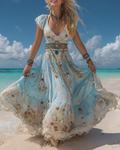 Summer Vacation Ombre Lace Turquoise Beaded Floral Print Dress b2e2
