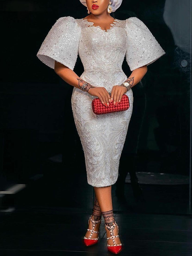 Stylish V-Neck Short Sleeve Short Sleeve Solid Color Midi Dress