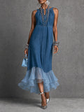 Vacation-to-Dinner Sleeveless Denim Tulle Midi Dress