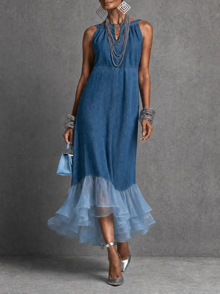 Vacation-to-Dinner Sleeveless Denim Tulle Midi Dress